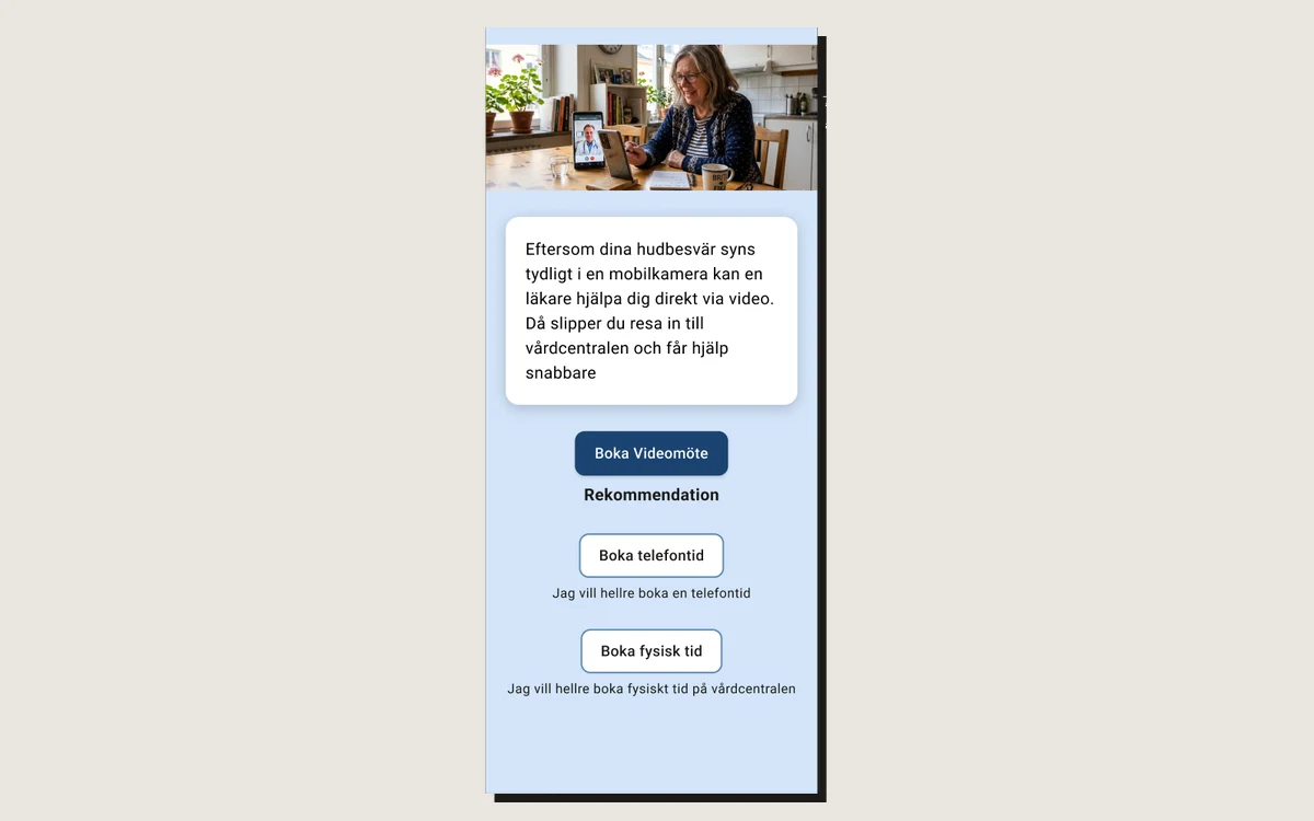 Samma resultatsida i hi-fi med bild, textruta, knappen Boka Videomöte och alternativen Boka telefontid och Boka fysisk tid.