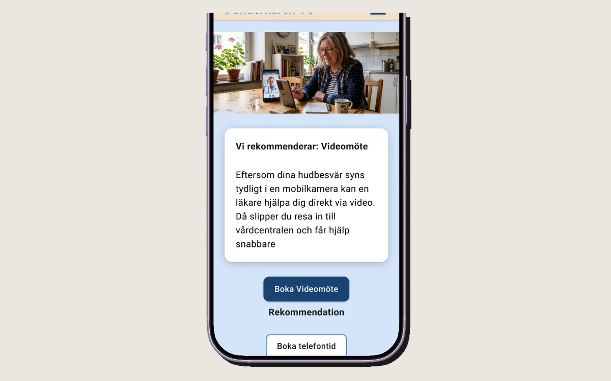 Resultatsidan i den klickbara prototypen, visad i en mobil, med rubriken Vi rekommenderar: Videomöte.