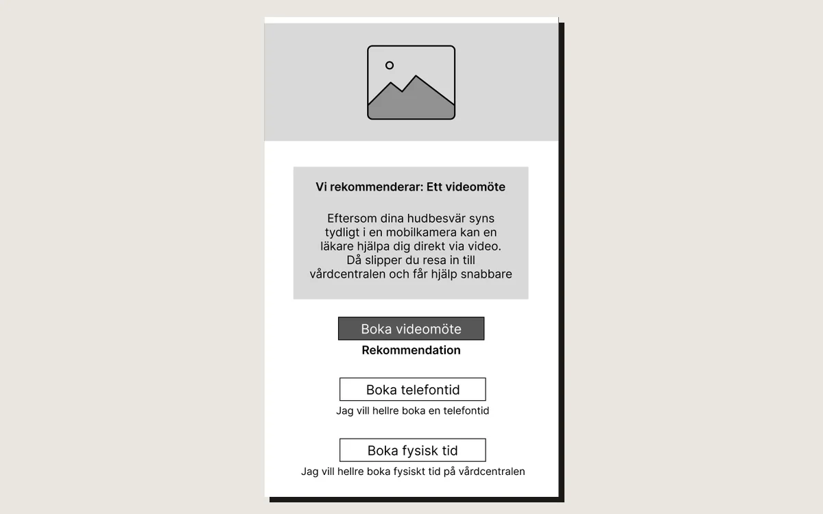 Wireframe i gråskala av resultatsidan: rekommendationen i en ruta, knappen Boka videomöte markerad som rekommendation och två alternativa knappar under.